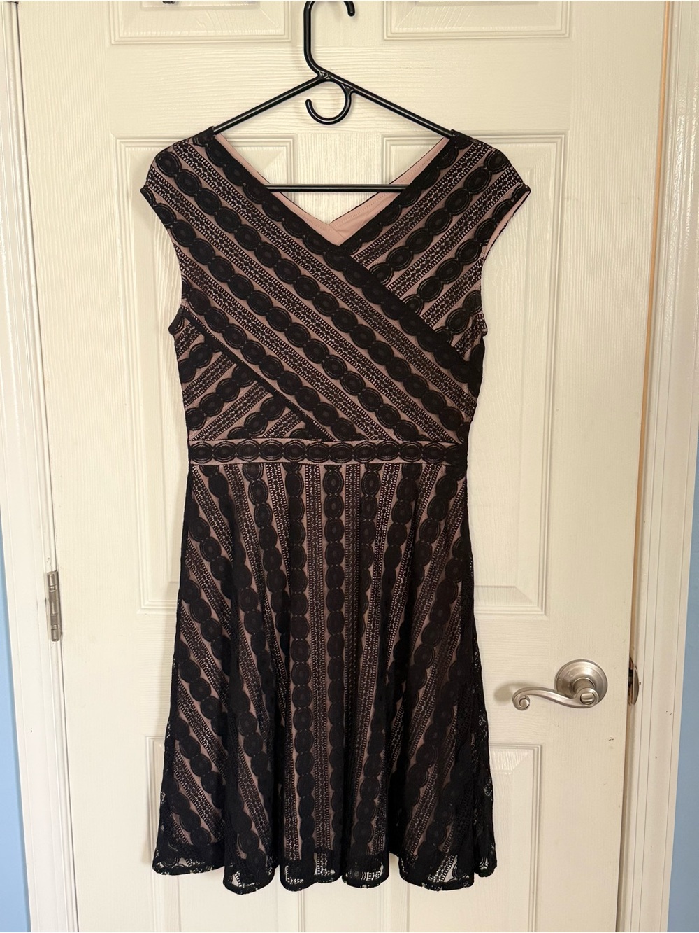 Signature Black Lace-Overlay Midi Dress with Blush Lining
